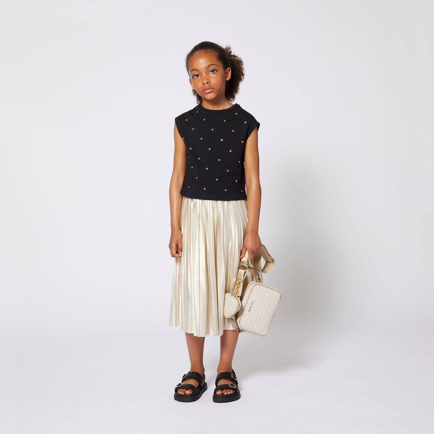 Girls Ivory & Gold Logo Shoulder Bag, 1, hi-res