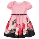 Girls Pink Roses Satin Dress, 2, hi-res