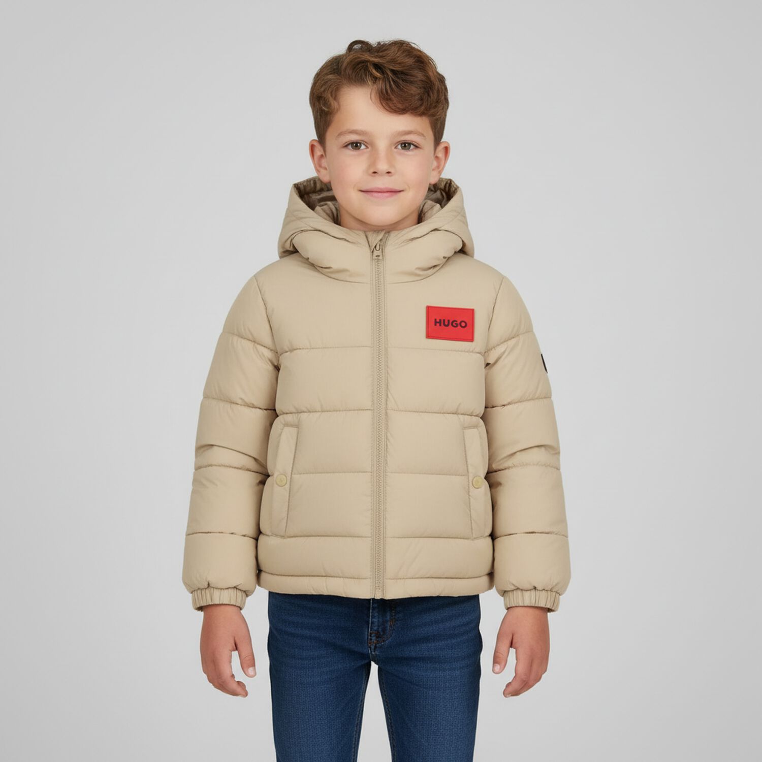 Boys Beige Logo Puffer Jacket , 2, hi-res
