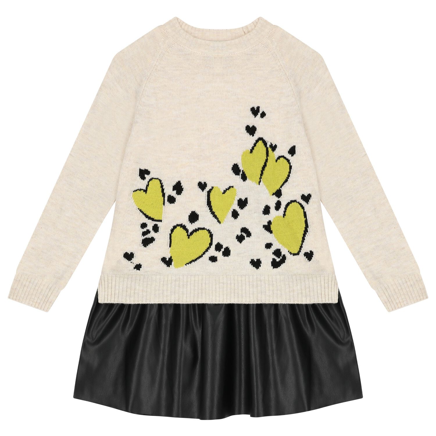 Girls Beige & Black Heart Dress Set, 1, hi-res