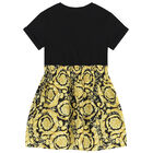 Girls Black & Gold Barocco Logo Dress, 1, hi-res