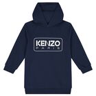 Girls Navy Blue Logo Hooded Dress, 1, hi-res