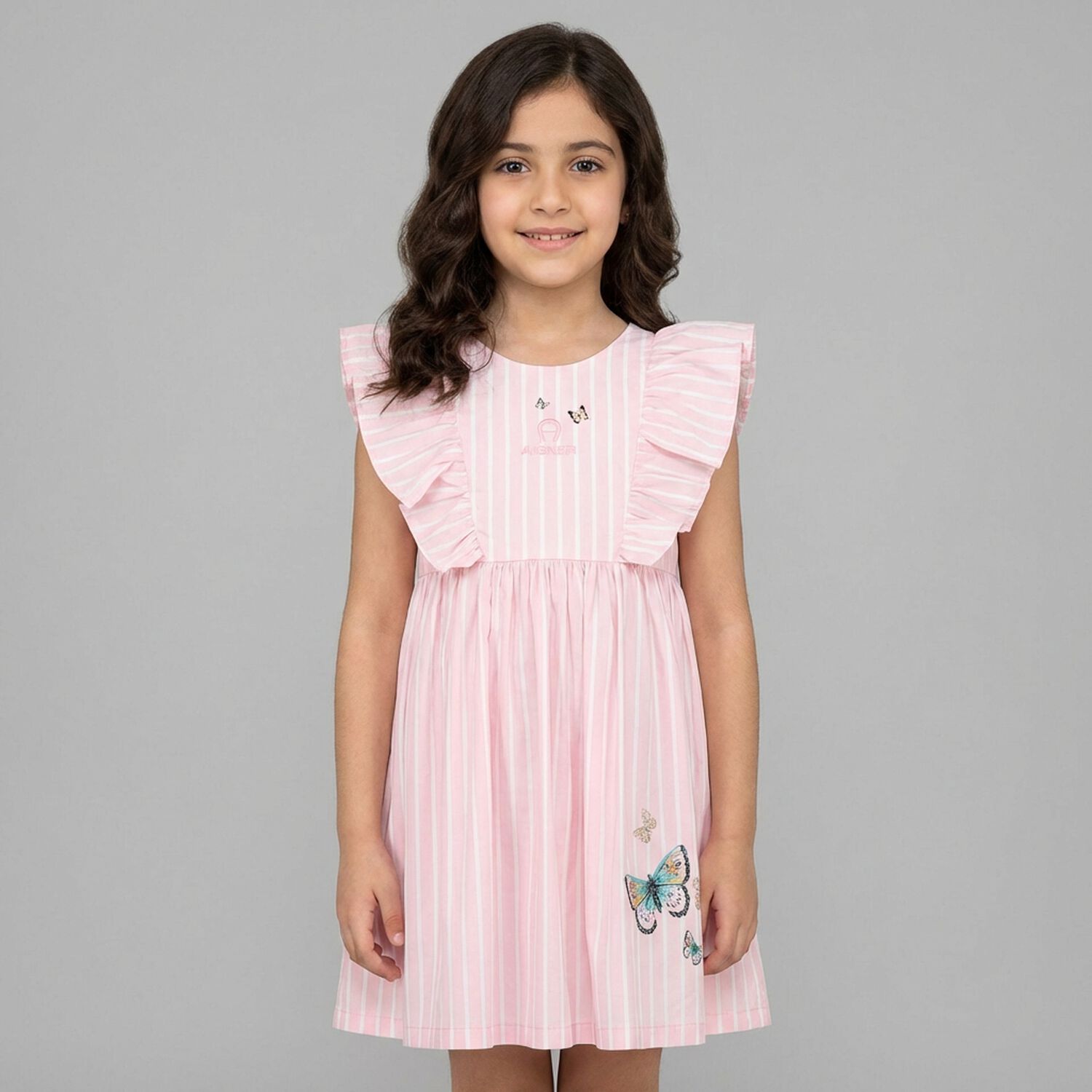 Younger Girls Pink Logo Striped Dress, 1, hi-res