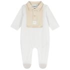 Baby Boys White & Beige Logo Babygrow, 2, hi-res
