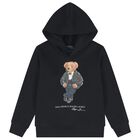 Boys Black Polo Bear Hooded Top, 1, hi-res