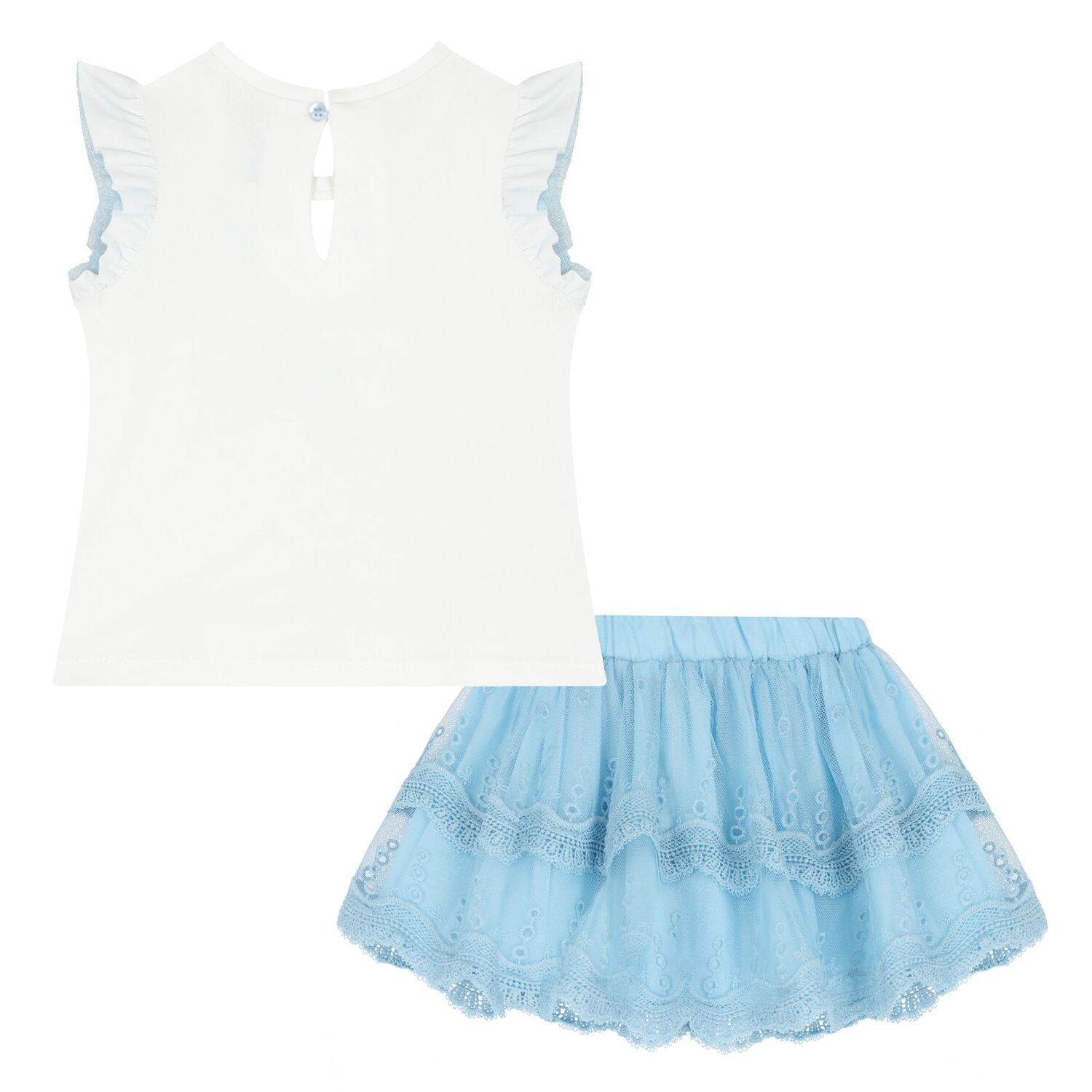 Younger Girls White & Blue Tulle Skirt Set, 2, hi-res