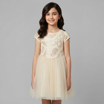 Girls Beige & Gold Tulle Dress