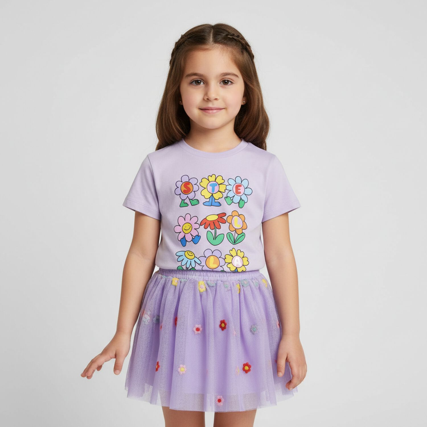 Younger Girls Purple Flower Tulle Skirt, 1, hi-res