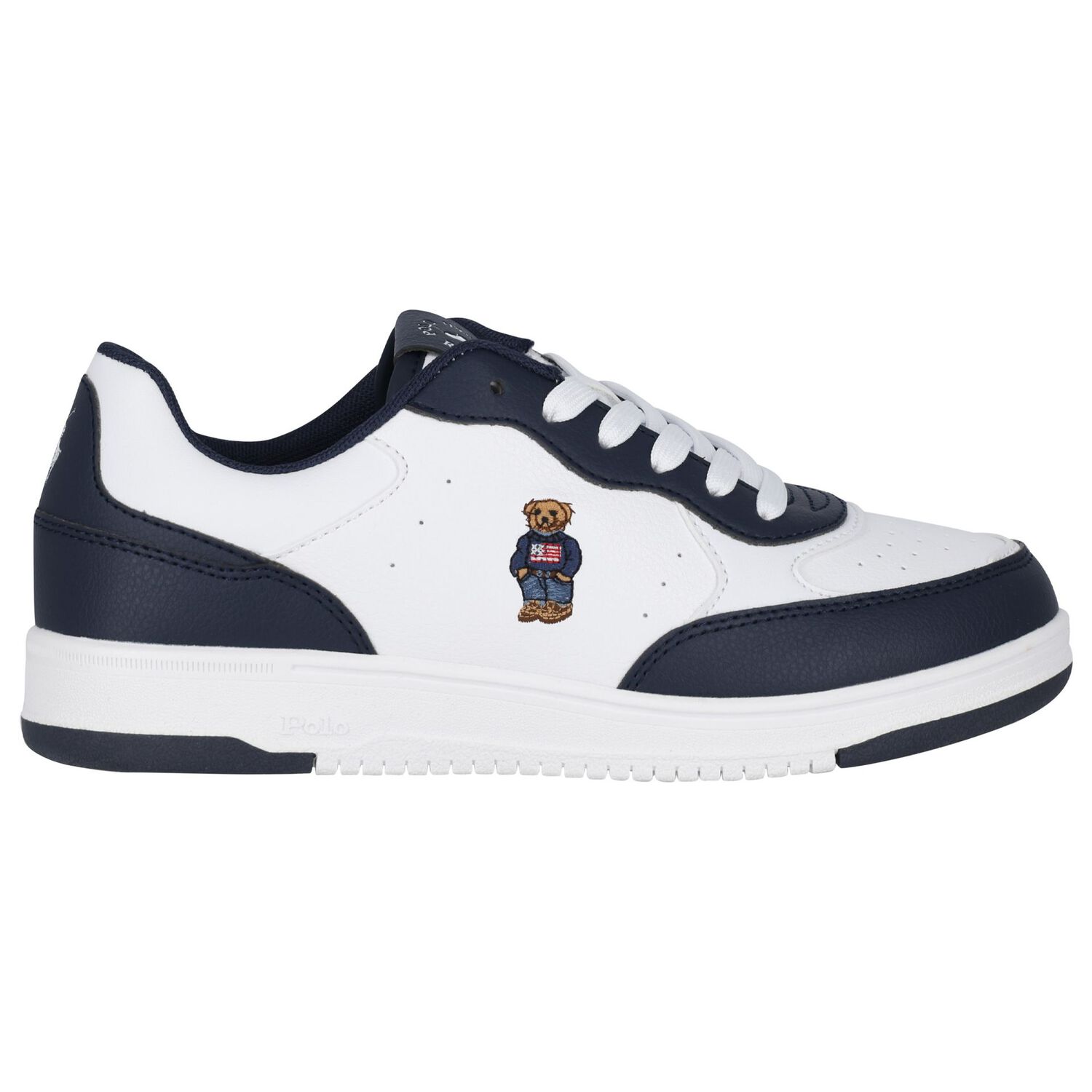 Boys White & Navy Blue Logo Trainers, 1, hi-res