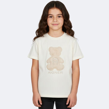 Girls Ivory Faux Fur Teddy Bear Logo T-Shirt