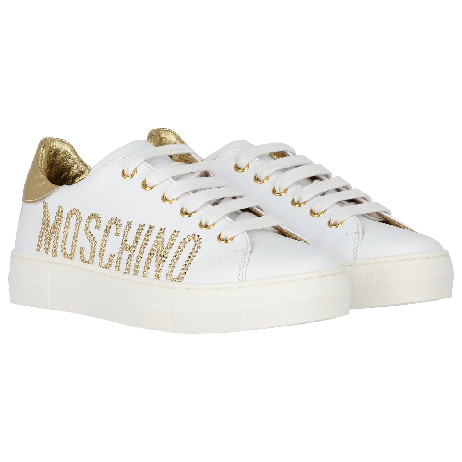 Girls White & Gold Logo Trainers, 1, hi-res