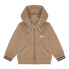 Younger Boys Beige Logo Hooded Zip Up Top, 2, hi-res