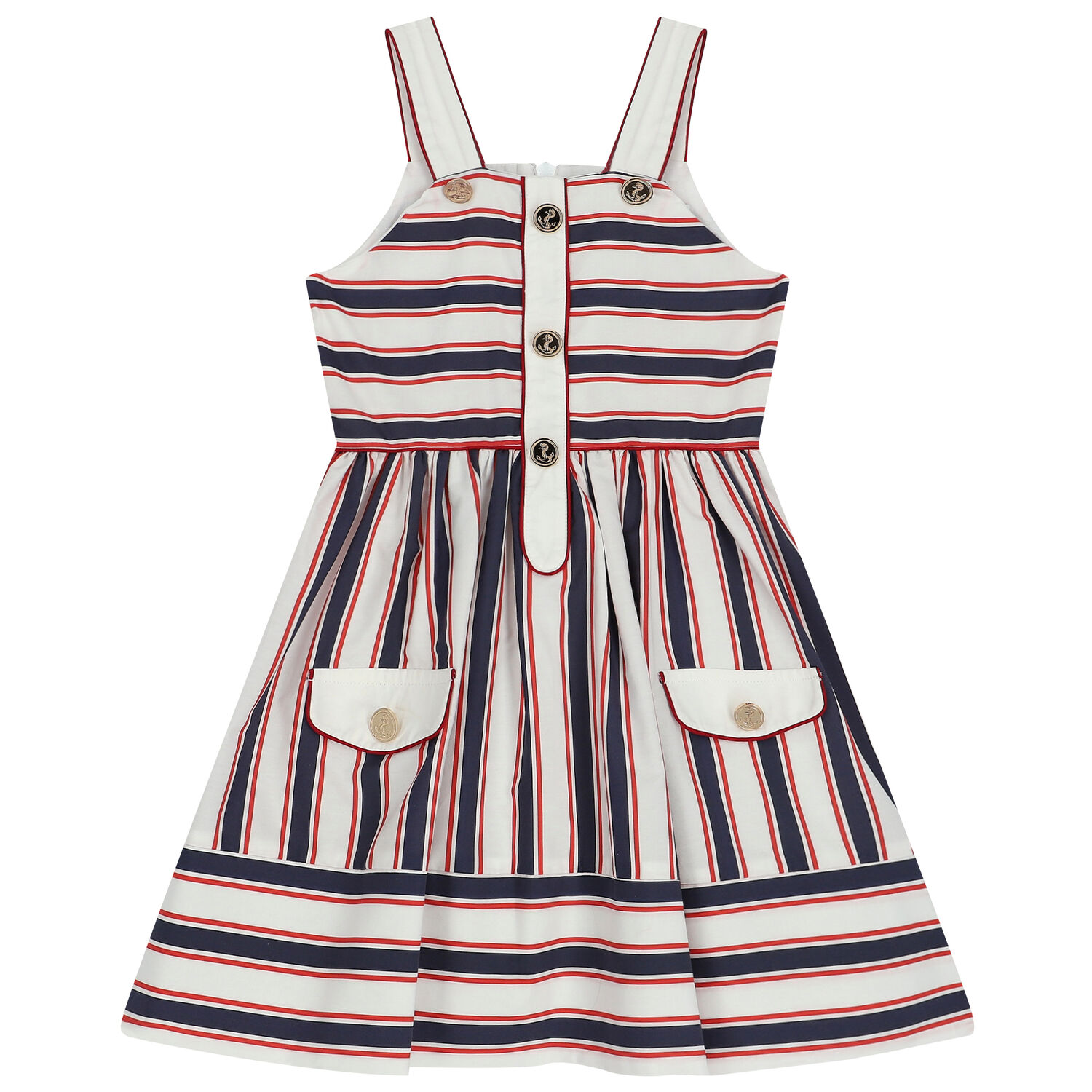 Girls White & Navy Striped Dress, 1, hi-res