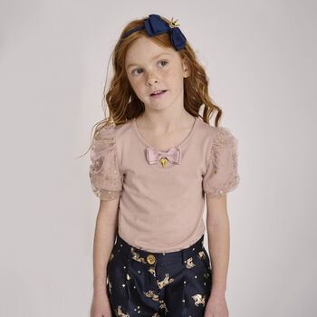 Girls Pink Tulle Sleeve T-Shirt