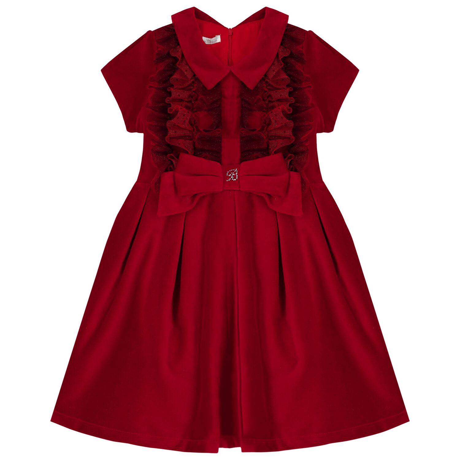 Girls Red Bow Ruffled Tulle Dress, 1, hi-res
