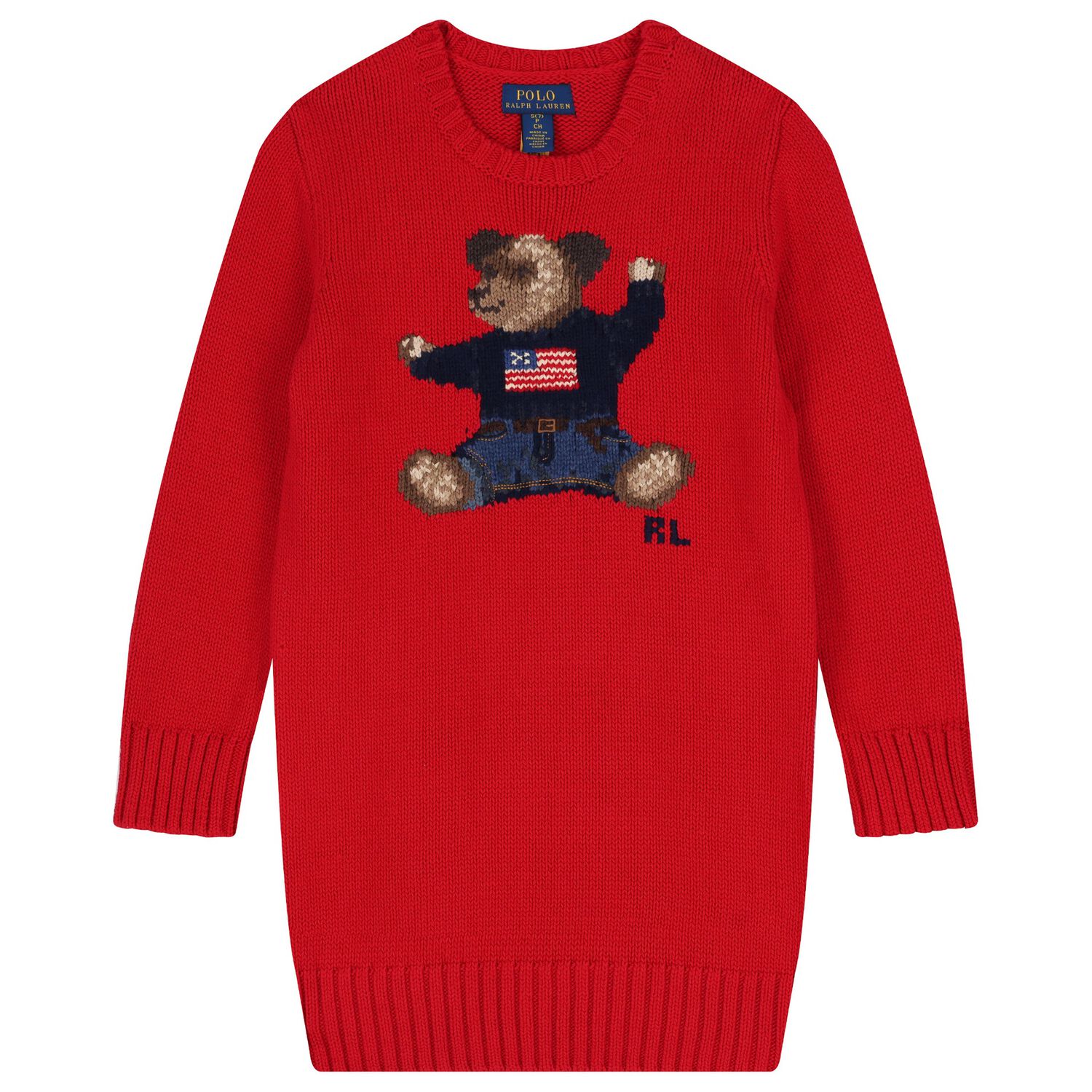 Girls Red Polo Bear Knitted Sweatshirt Dress, 1, hi-res image number null