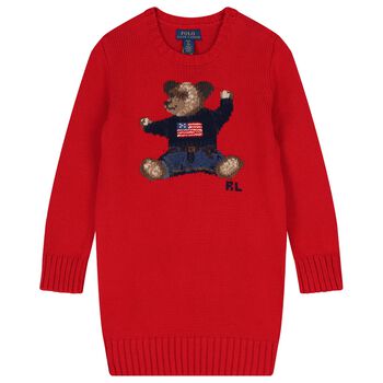 Girls Red Polo Bear Knitted Sweatshirt Dress