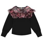 Girls Black Floral Long Sleeve Top, 1, hi-res