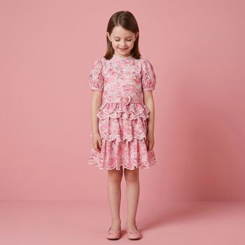 Girls Pink Embroidered Floral Tiered Dress 