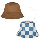 Boys Blue Check & Beige Reversible Hat, 1, hi-res