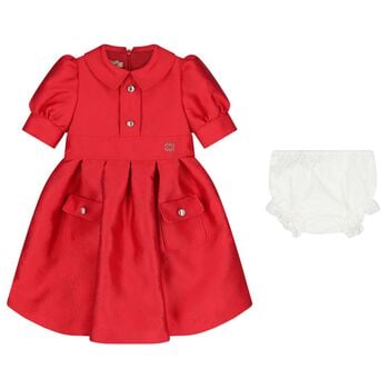 Bany Girls Red Satin Jacquard Logo Dress