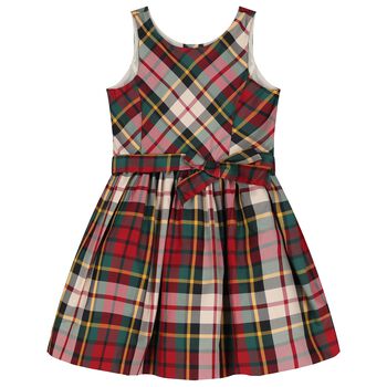 Girls Red & Green Tartan Satin Dress