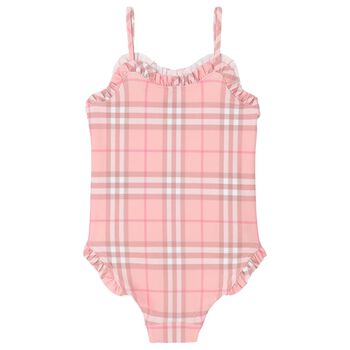 Girls Pink Check Ruffled Swimsuit
