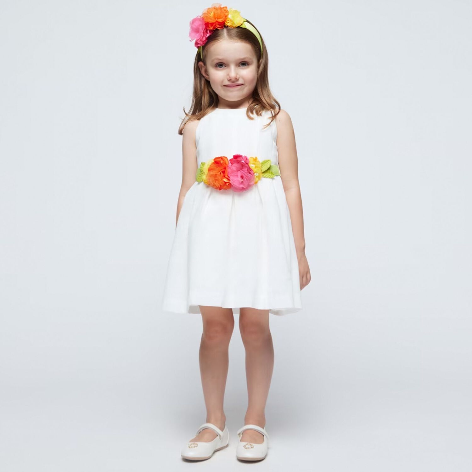 Girls White Flower Dress, 1, hi-res