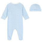 Baby Boys Blue Gingham Cotton Babygrow Set, 1, hi-res