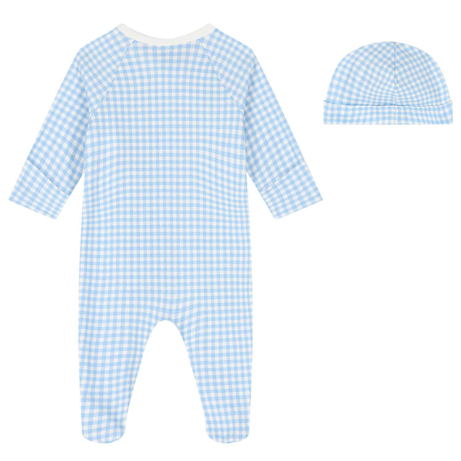 Baby Boys Blue Gingham Cotton Babygrow Set, 1, hi-res