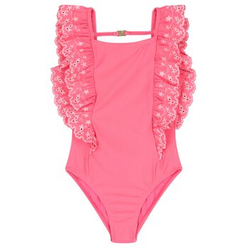 Girls Pink Broderie Anglaise Swimsuit