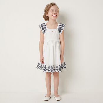 Girls White & Navy Blue Embroidered Dress