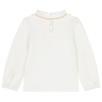 Girls White Pearl & Tulle Collar Top