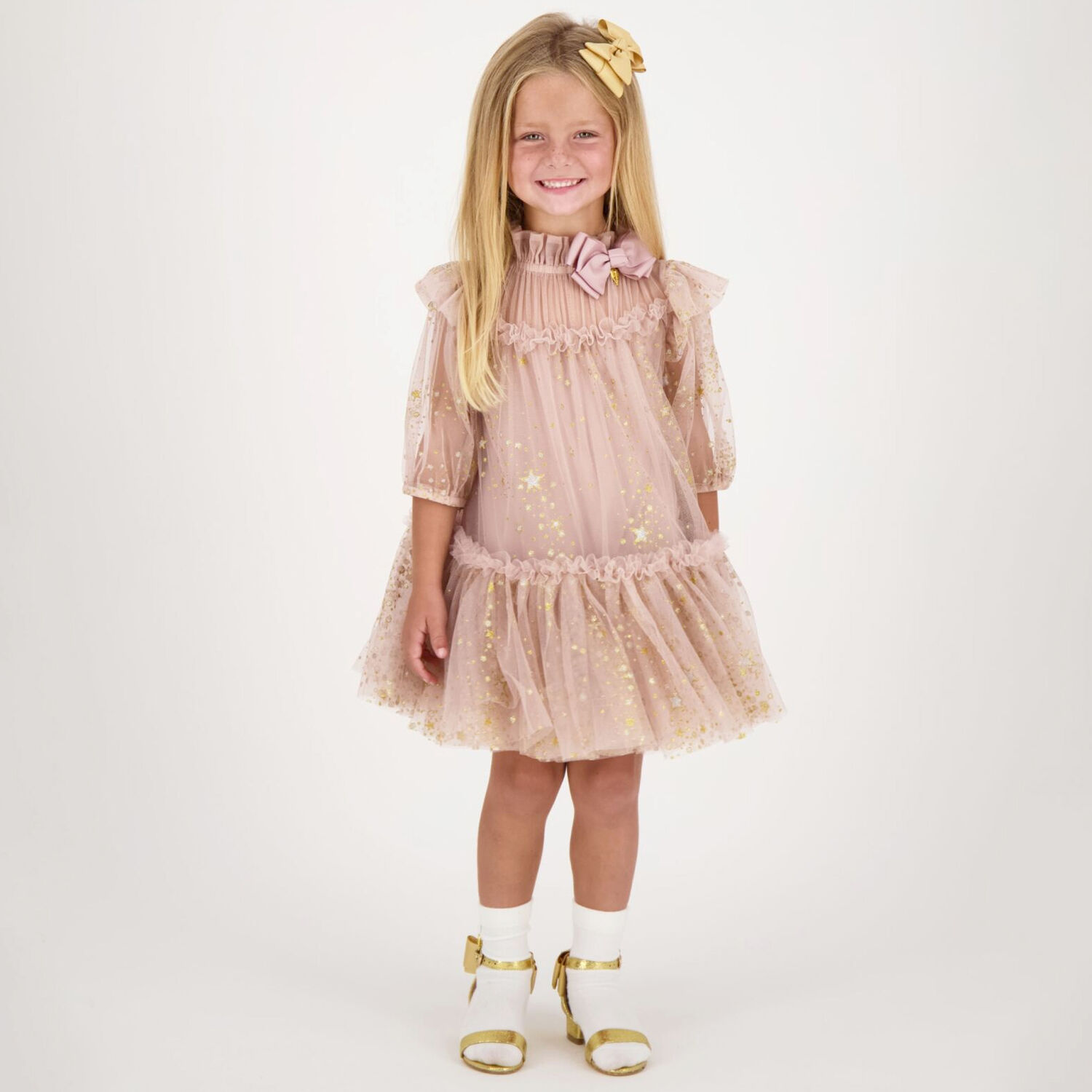 Girls Pink Star Tulle Dress, 1, hi-res