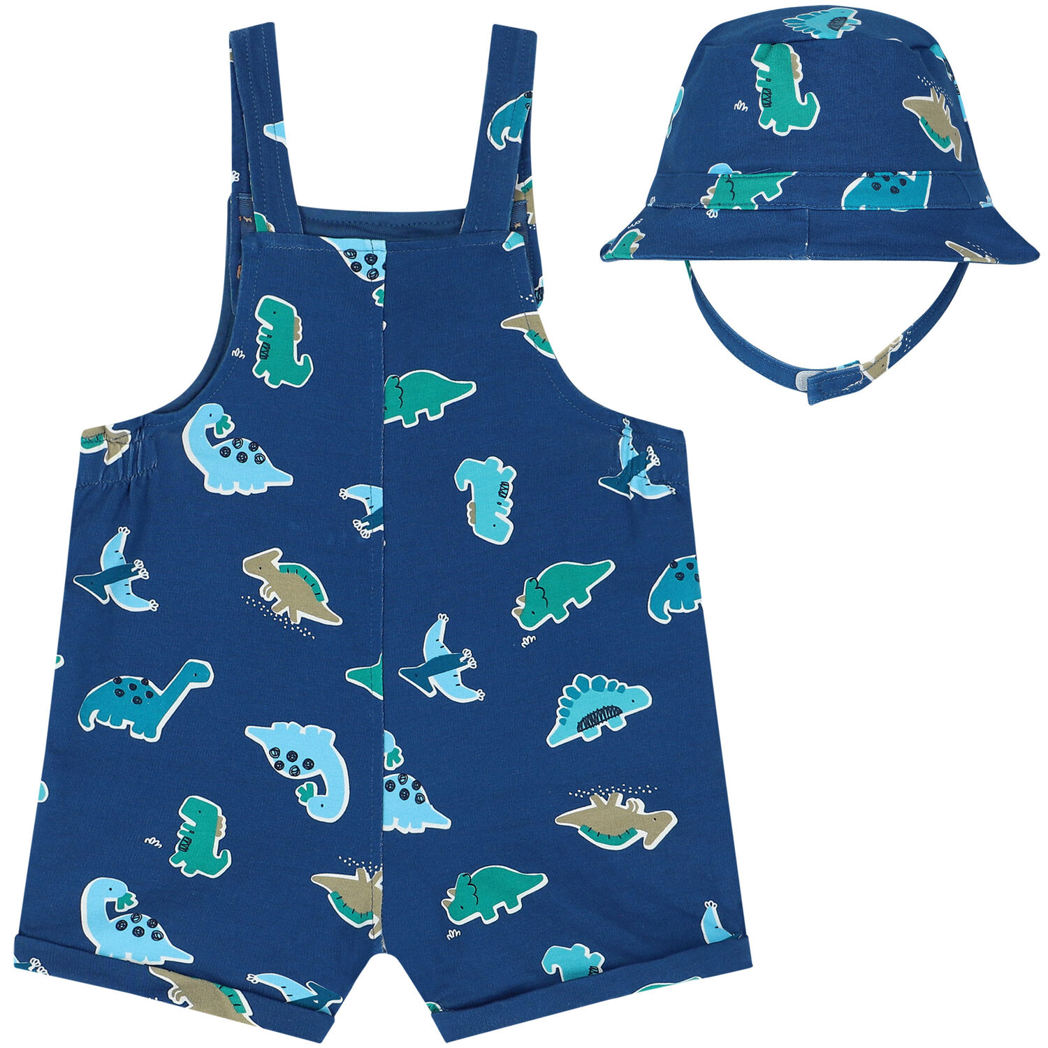 Baby Boys Blue Dinosaur Dungaree & Hat Set, 1, hi-res