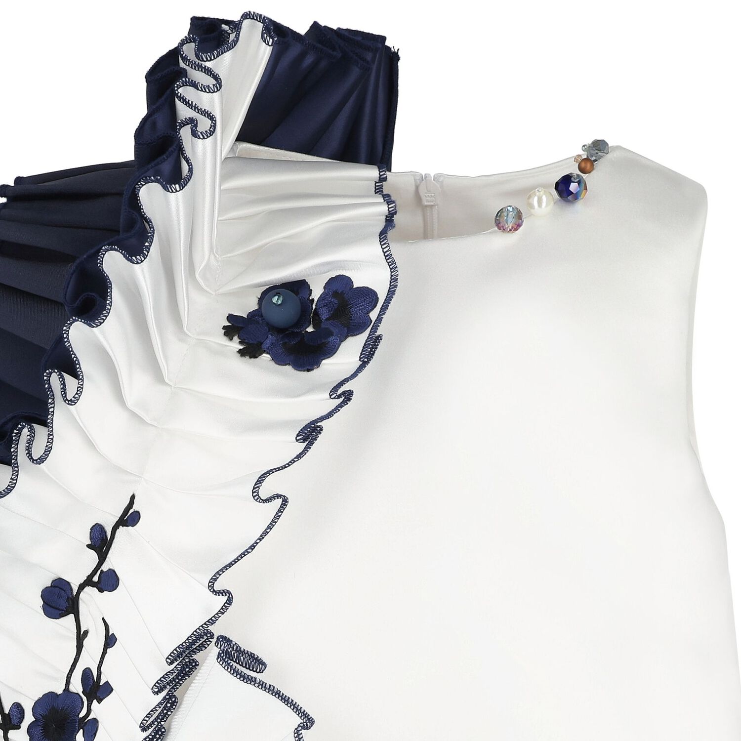 Girls White & Navy Blue Ruffled Dress, 1, hi-res