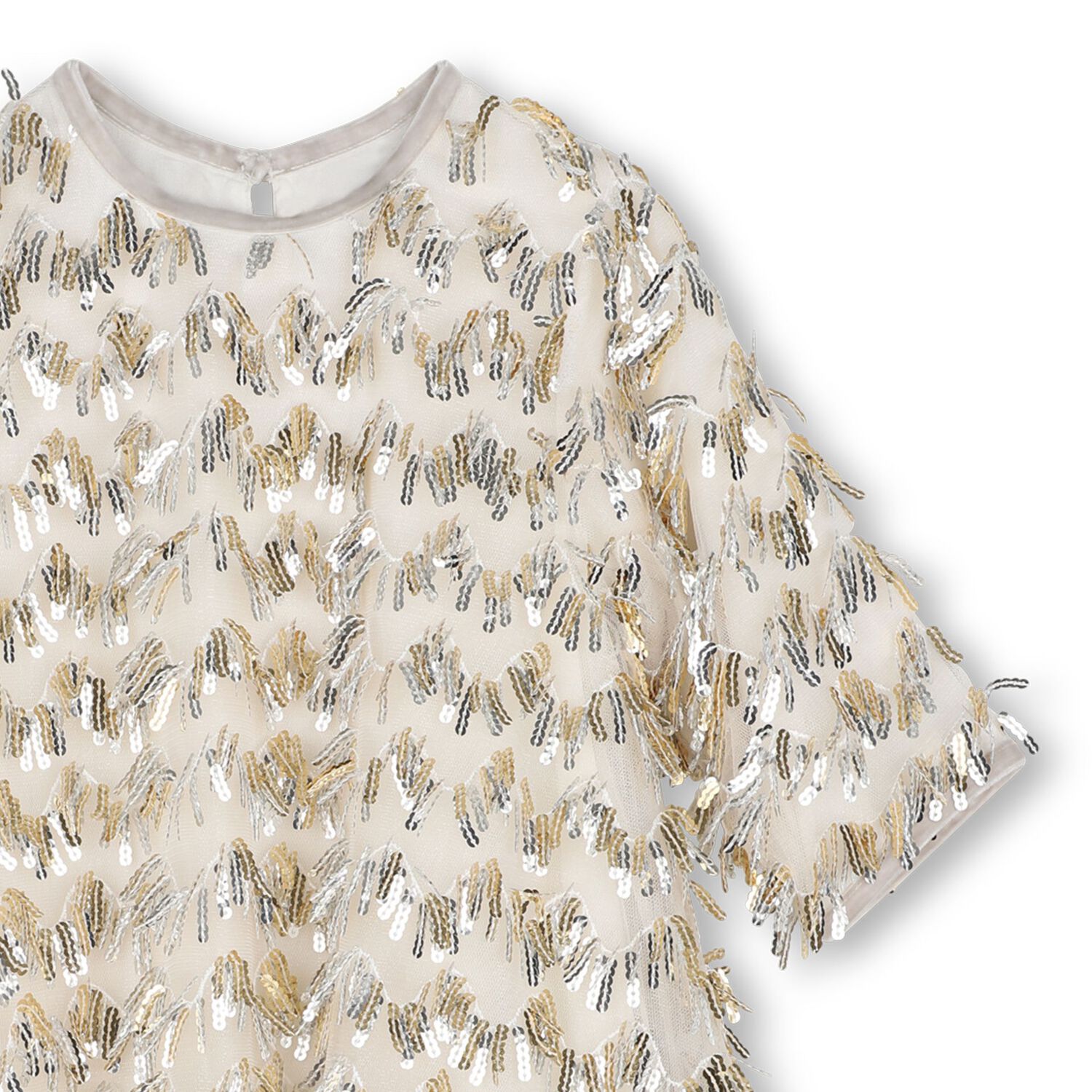 Girls Beige Sequin Fringe Mesh Dress, 1, hi-res