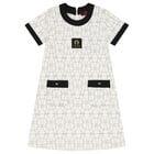Girls Ivory & Black Logo Dress, 1, hi-res