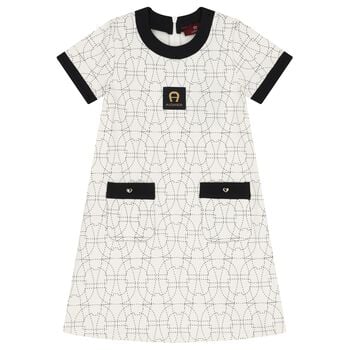 Girls Ivory & Black Logo Dress