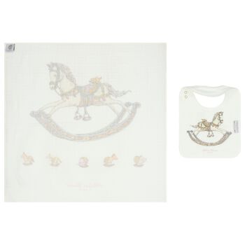 Ivory Rocking Horse Carré Swaddle & Bib Set