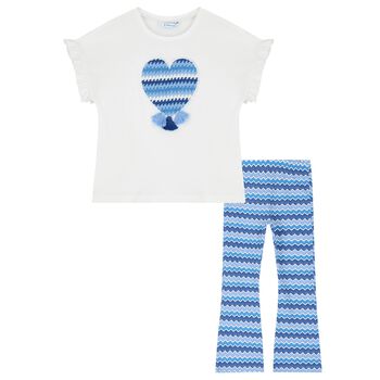 Girls White & Blue Zigzag Leggings Set