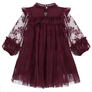 Girls Burgundy Floral Ruffled Tulle Dress