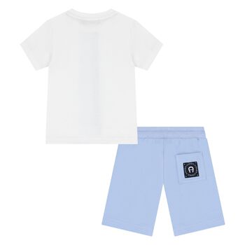 Younger Boys White & Blue Logo Shorts Set