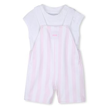 Baby Girls White & Pink Striped Logo Dungaree Set