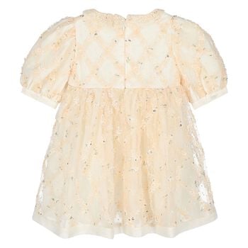 Younger Girls Ivory & Beige Embroidered Tulle Dress