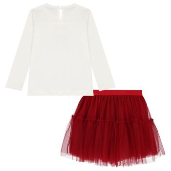 Girls White & Red Tulle Skirt Set