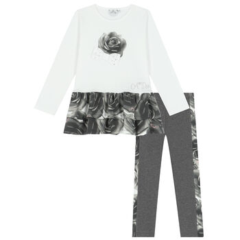 Girls White & Grey Roses Leggings Set