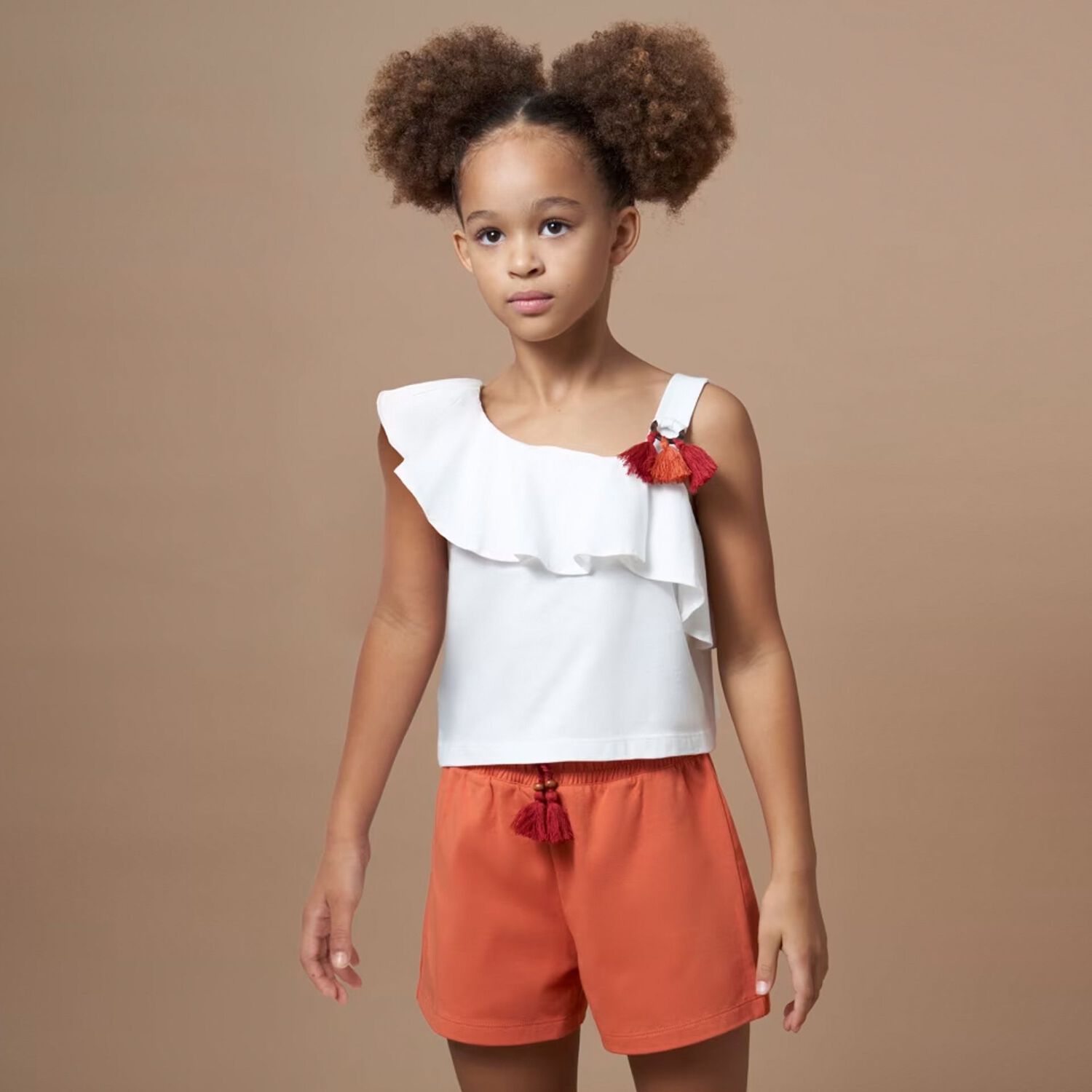 Girls White & Orange Shorts Set, 1, hi-res image number null