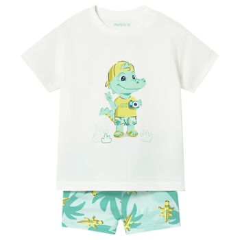 Younger Boys White & Green Crocodile Swim Shorts Set