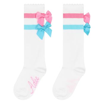 Girls White Cotton Socks With Pink & Blue Bows